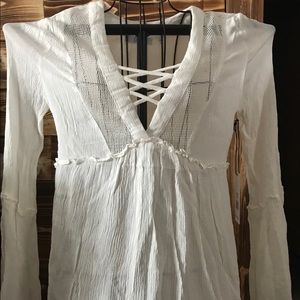 NWT Neiman Marcus SP bell slv White lace up front crochet detail layered top